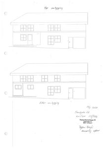 Fasadetegning som viser bygningens utseende før og etter en ombygging.