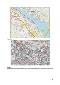 Bildet viser to kart som illustrerer bebyggelsens plassering i forhold til veier og nabolag. Øverste kart viser en situasjonsplan med røde og gule linjer som markerer grenser og viktige veier (Storgaten, Tommeråsviken). Nedre kart er en mer detaljert oversikt over området med bygninger og gater. Teksten bekrefter at det er en situasjonsplan for bebyggelsen.