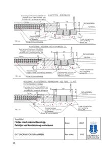 Tegning som viser detaljer for kantstein og snøsmelteanlegg ved fortau.
