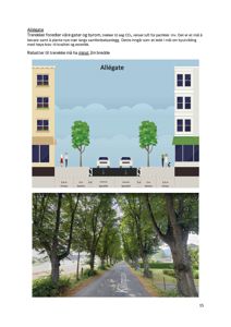 Bildet viser en illustrasjon av et 'Allégate'-konsept med en tegnet fasade og en fotorealistisk vei med trær, samt en teknisk nederste del.