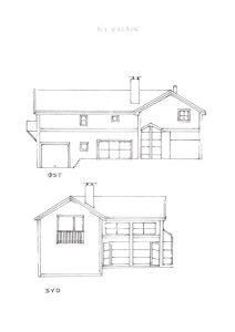 Håndtegning av fasader på en bolig, merket 'NØY FASADE' med orientering 'ØST' og 'SYD'.