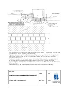Tegning som viser detaljert oppbygning av en rennebunn med kantstein, inkludert materialtyper og dimensjoner.