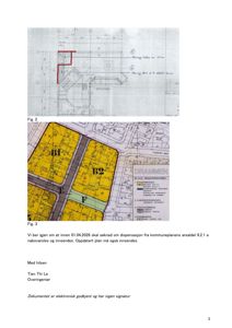 Bildet viser to tegninger. Øverst er en detaljert tegning av et bygningssnitt eller etasjeplan med håndskrevne notater. Nedst er en situasjonsplan (tomteplan) med fargelagte soner (B1, B2) og en oversikt over kommunale planer (DRAMMEN).