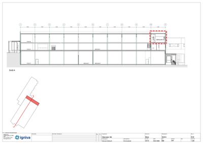 Snittegning (Snitt A) som viser bygningens tverrsnitt, høyder, etasjer og romfordeling.