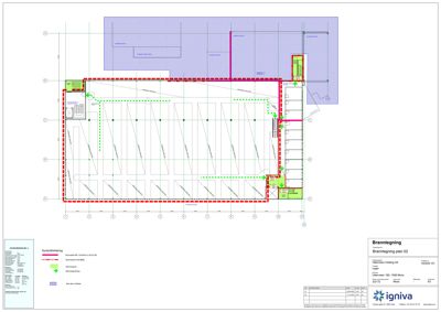 En brannplan (branntegning) som viser brannveier, brannutganger og brannutstyr i et bygg.