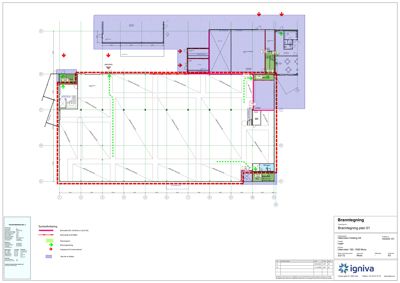 Etasjeplan (branntegning) som viser romfordeling, vegger, dører og brannsikringstiltak.