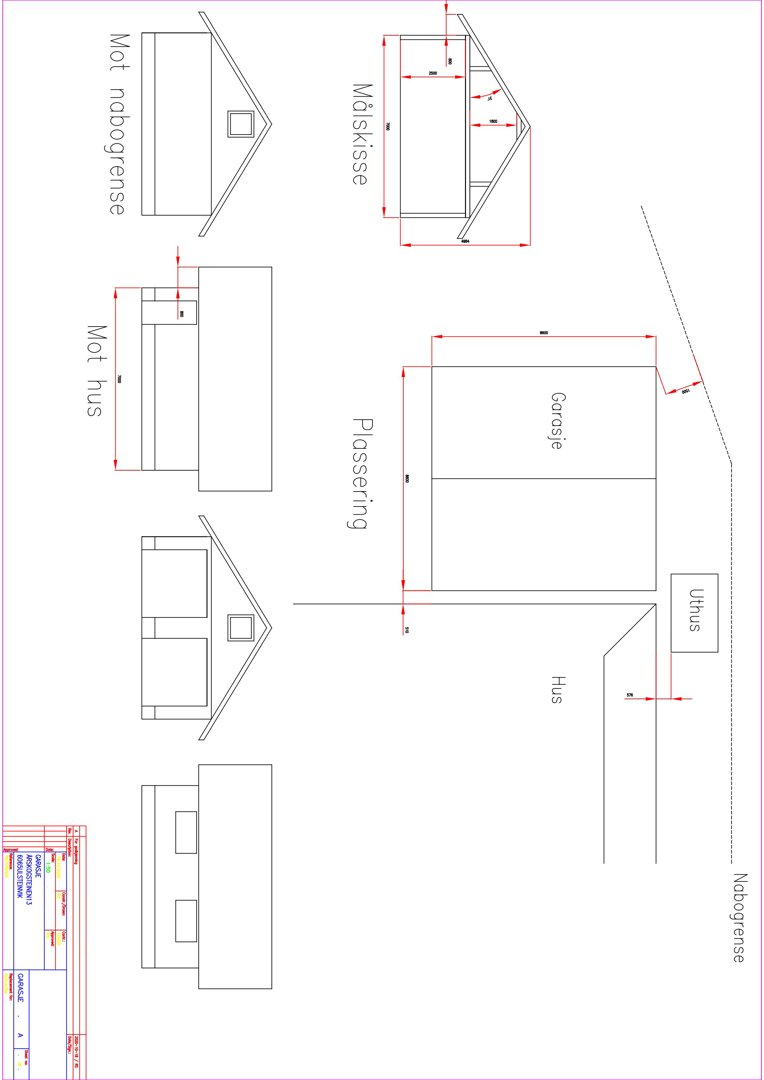 Fasadetegning som viser bygningens utseende fra ulike vinkler (mot nabogrense, mot hus, malskisse) med plassering i forhold til nabolinjer.
