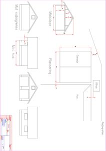 Fasadetegning som viser bygningens utseende fra ulike vinkler (mot nabogrense, mot hus, malskisse) med plassering i forhold til nabolinjer.