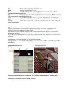 Fasadetegning som viser en bygning med markerte endringer (røde kryss) og en illustrasjon av en person på en balkong.