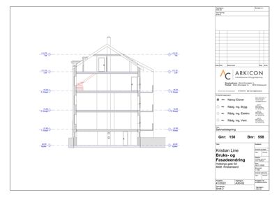 Snittegning (Snitt 2) som viser bygningens tverrsnitt, etasjer, høyder og konstruksjon.