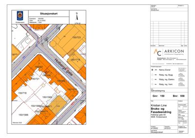 Situasjonskart som viser eiendomsnummer, naboeiendommer, veier (Holbergs gate) og bygningers plassering i forhold til hverandre.