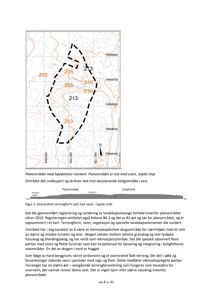 Kart over planområdet med høydekoter og topografi, inkludert et snitt og tekstbeskrivelse av landskapet.