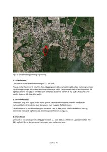 Satellittbilde (flyfoto) av et område med en markert tomt (rød linje) og omgivende natur/bygde.