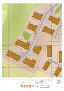 Situasjonsplan med innregnet tiltak for et boligfelt, som viser plassering av bygninger i forhold til terrenget og veier.