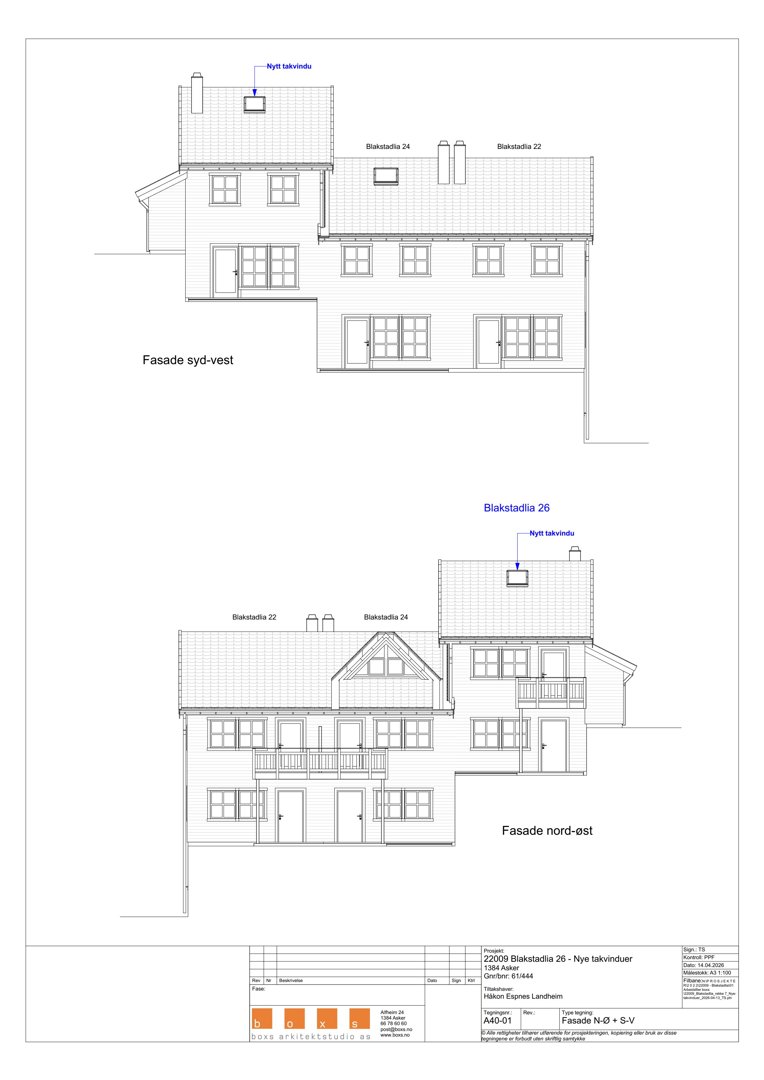 Fasadetegning som viser bygningens utseende fra syd-vest og nord-øst, inkludert takvinduer og balkonger.