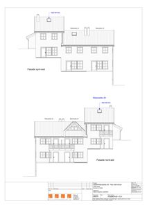 Fasadetegning som viser bygningens utseende fra syd-vest og nord-øst, inkludert takvinduer og balkonger.