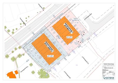 Situasjonsplan som viser tomtsplassering, byggefelt, parkeringsplasser og terrengforhold for Vabakken Seksjonarbygg.
