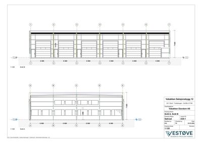 Snittegning (Snitt A og Snitt B) som viser tverrsnittet av en bygning med mål og konstruksjonsdetaljer.