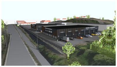 3D-visualisering av en planlagt industri- eller lagerbygning med parkeringsplass og omgivende landskap.