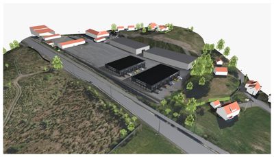 3D-visualisering av et industriområde med flere bygninger, parkeringsplasser og omgivende natur.