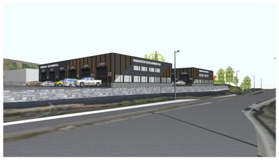 3D-visualisering av et seksjonbyggeri med biloppstillingsplasser og omgivelsene.