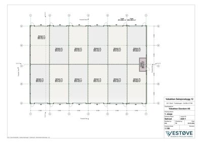 Etasjeplan (1. etasje) som viser romfordeling, areal (BDA/BTA) og dimensjoner for Vabakken Seksjonsbygg 12.