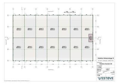 Etasjeplan (1. etasje) som viser romfordeling, arealer (BTA/BTA) og fasaderetning for Vabakken Seksjonsbygg 14.