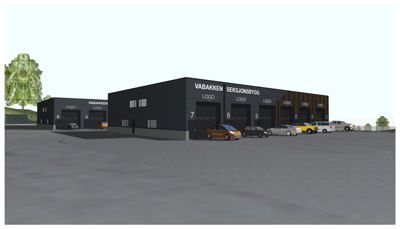 3D-visualisering av en planlagt industribygning med parkeringsplass og biler.