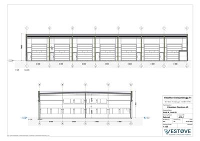 Snittegning (Snitt A og Snitt B) av Vabakken Seksjonsbygg 14 som viser konstruksjonen, høyder og romfordeling.