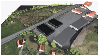 3D-visualisering av et industriområde med flere bygninger, parkeringsplass og omgivende terreng.