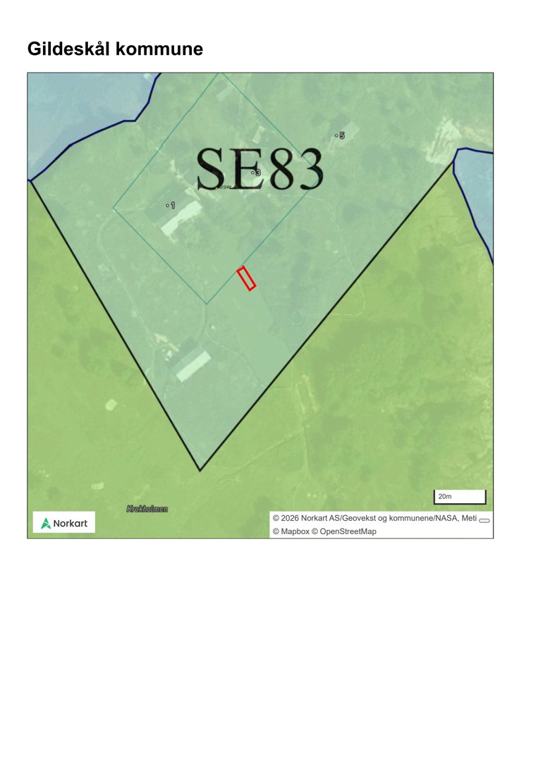 Kart over et område i Gildeskål kommune med tomtegrenser og et flyfoto som bakgrunn.