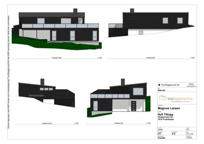 Fasadetegning som viser bygningens utsyn fra fire sider (Nord, Sør, Vest og Øst) med skisse over fasadeforhold.