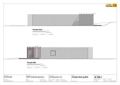 Fasadetegning som viser bygningens utseende fra vest og øst, inkludert takform, vindusoppsett og terrengforhold.