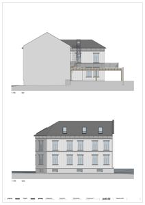 Bildet viser to fasadetegninger (opprikk) av en bygning, merket 'Sør' og 'Vest', med skala 1:100.