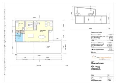 Etasjeplan (Plan 2.etg) og tilhørende snittegning (Snitt A) for en byggesak.