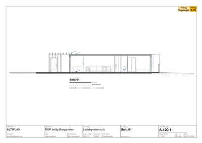 Snittegning (Snitt 01) av en bolig, som viser høyder og innvendig oppriss.