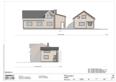 Fasadetegning som viser bygningens utseende fra to sider (Sørøst og Nordvest) med skilte, vinduer og takform.