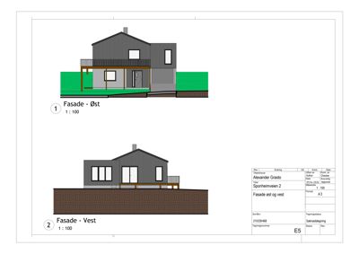 Fasadetegning som viser bygningens utseende sett fra øst og vest.