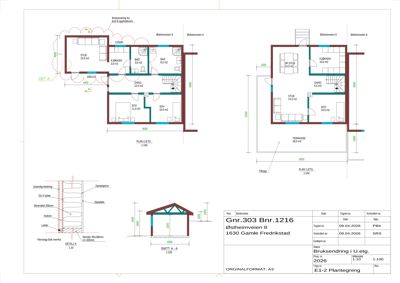 Bildet viser etasjeplaner (PLAN 1. ETG) for en bolig, inkludert romfordeling, dimensjoner og en snittegning (SNITT A-A) av takkonstruksjonen.