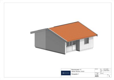 3D-visualisering (perspektiv) av en planlagt bygning med tak, fasade og vinduer.