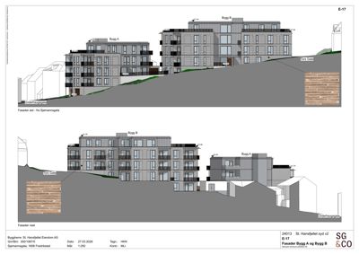 Fasadetegning som viser bygningenes utseende sett fra Sjømannsgata (øst) og Tors Gata (vest). Tegningen inkluderer detaljer om fasadematerialer, vinduer, balkonger og terrassering.