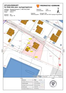 Situasjonskart som viser tomtens plassering i forhold til nabolag, vei og eksisterende bygninger.