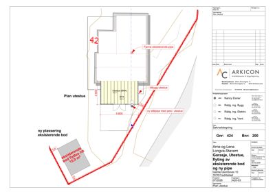 Plantegning av utestue og bod med angitte mål, plassering av rør og endringer i forhold til eksisterende bygning.