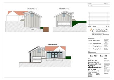 Fasadetegning som viser oppriss av bygningen sett fra nord, sør og øst.