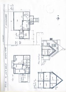 Bildet viser en håndtegnet tegningsside med flere etasjeplaner (Nedre etasje, Mellom etasje, Øvre etasje) og tilhørende fasadeopprikk (elevationer) for en bolig.