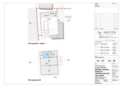 Plantegning som viser romfordeling og dimensjoner for garasjeplan (1. etasje) og loft.