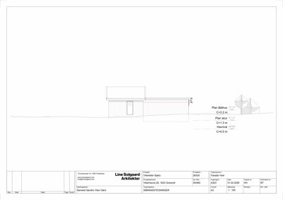 Fasadetegning (opprikk) av en bygning sett fra vest, med angivelse av høyder og nivåer.