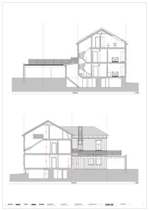 Bildet viser to snittegninger (Snitt E og Snitt D) av en bygning, som illustrerer den vertikale strukturen, romfordeling og konstruksjon.