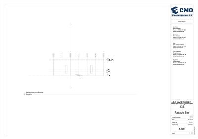 Fasadetegning (opprikk) av bygningen sett fra sør, med detaljer om vinduer og konstruksjon.