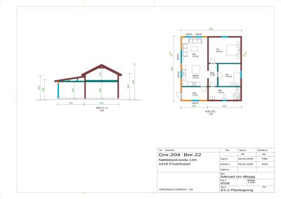 Bildet viser en tegning med et snitt (SNITT A-A) og en plantegning (PLAN 1 ETG) for en bygning, inkludert romfordeling og mål.